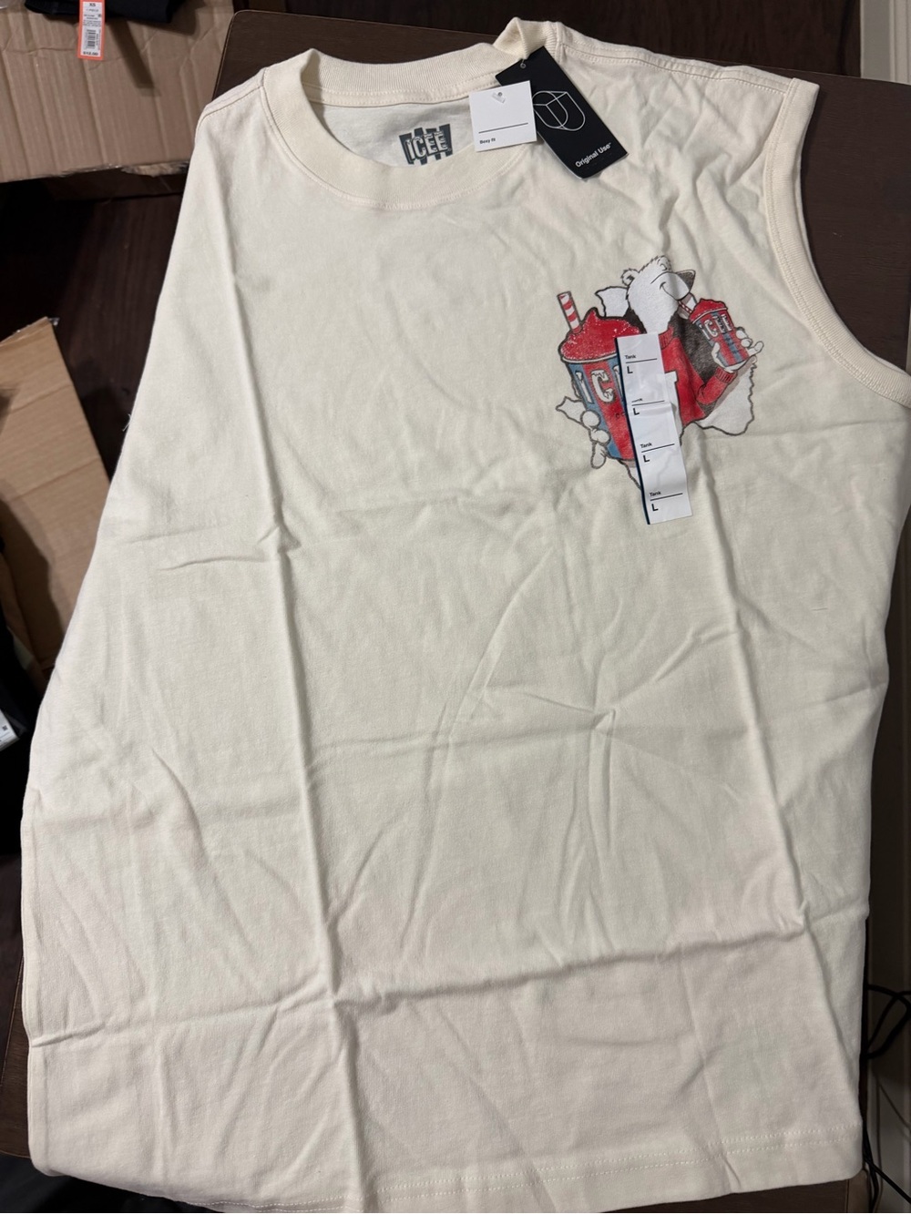 IceSleeveless Graphic Tank Top - Cream with Red Detail